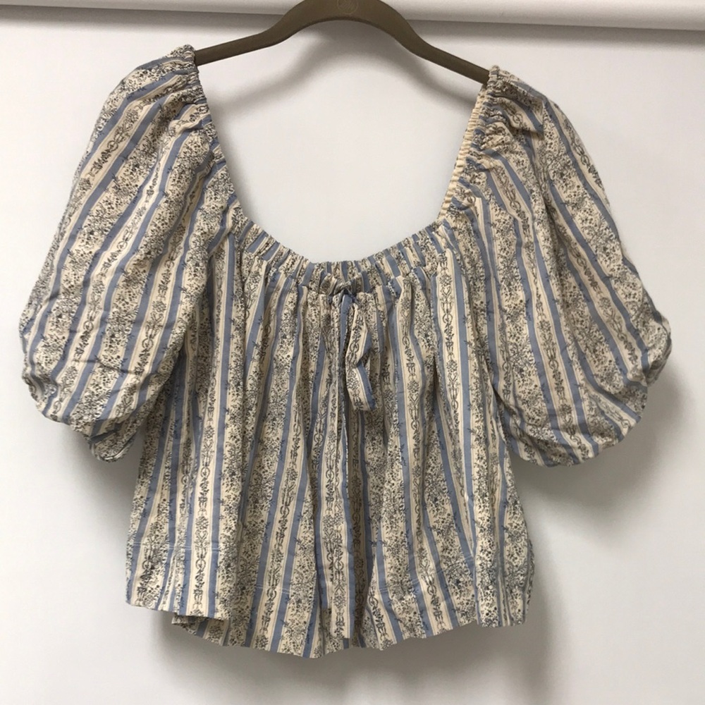 AUREUM Blue and Cream Striped Peasant Blouse